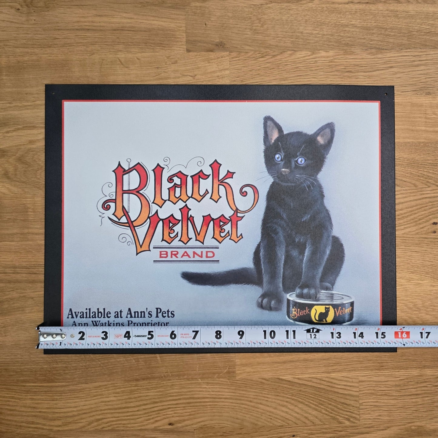 Vintage Black Velvet Brand Cat Food Metal Sign Advertisement 1998 Lynn Kaatz