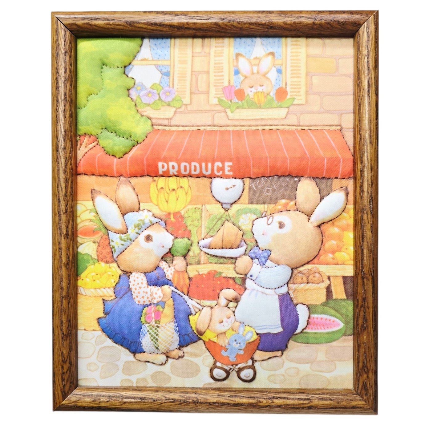 Vtg 3D Fabric Art Bunny Scenes Set of 2 Framed Produce Flowers Ice Cream Nursery