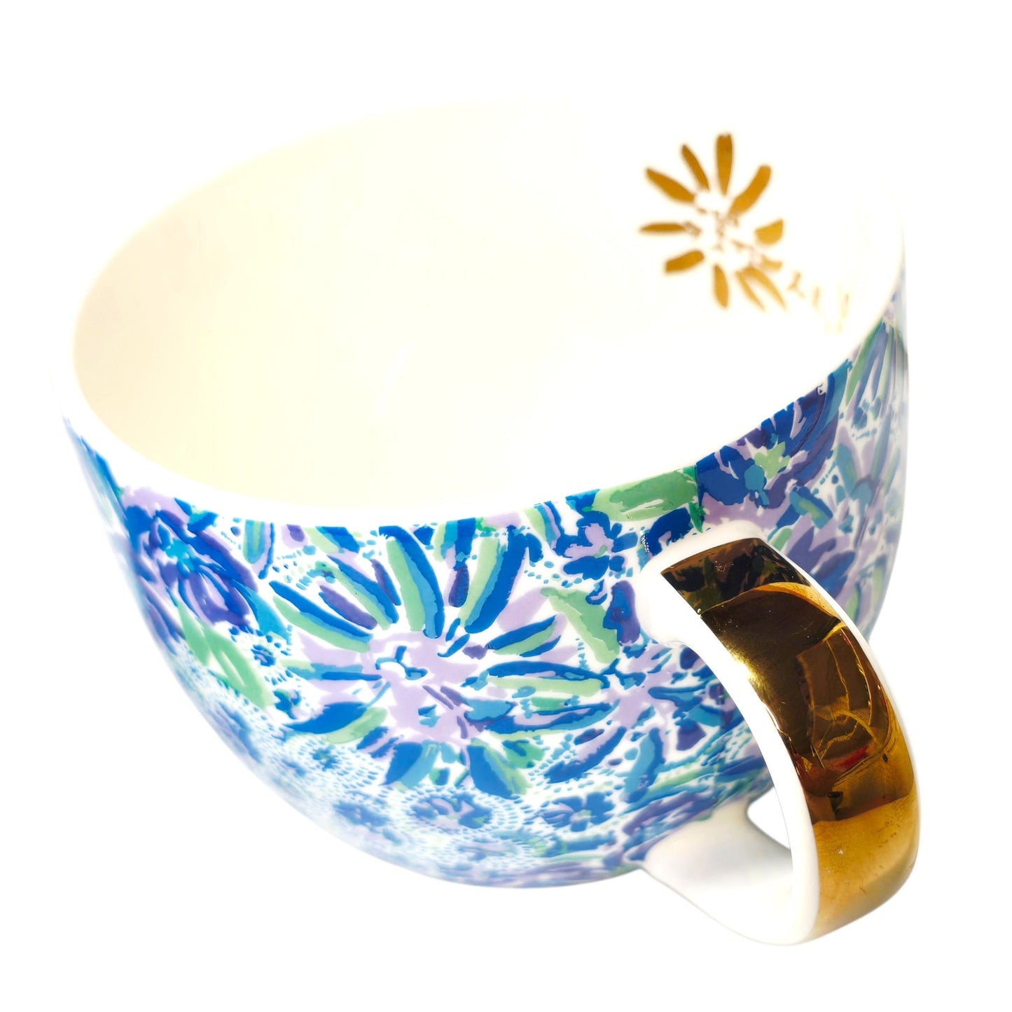 Lilly Pulitzer Coffee Mugs Set Blue Floral Gold Handle XX Lilly Hidden Animal