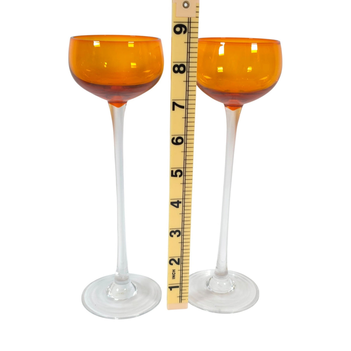Vtg Roscher & Co. Amber Orange Long Stem Cocktail Glasses Set of 2 UV React 8.5"