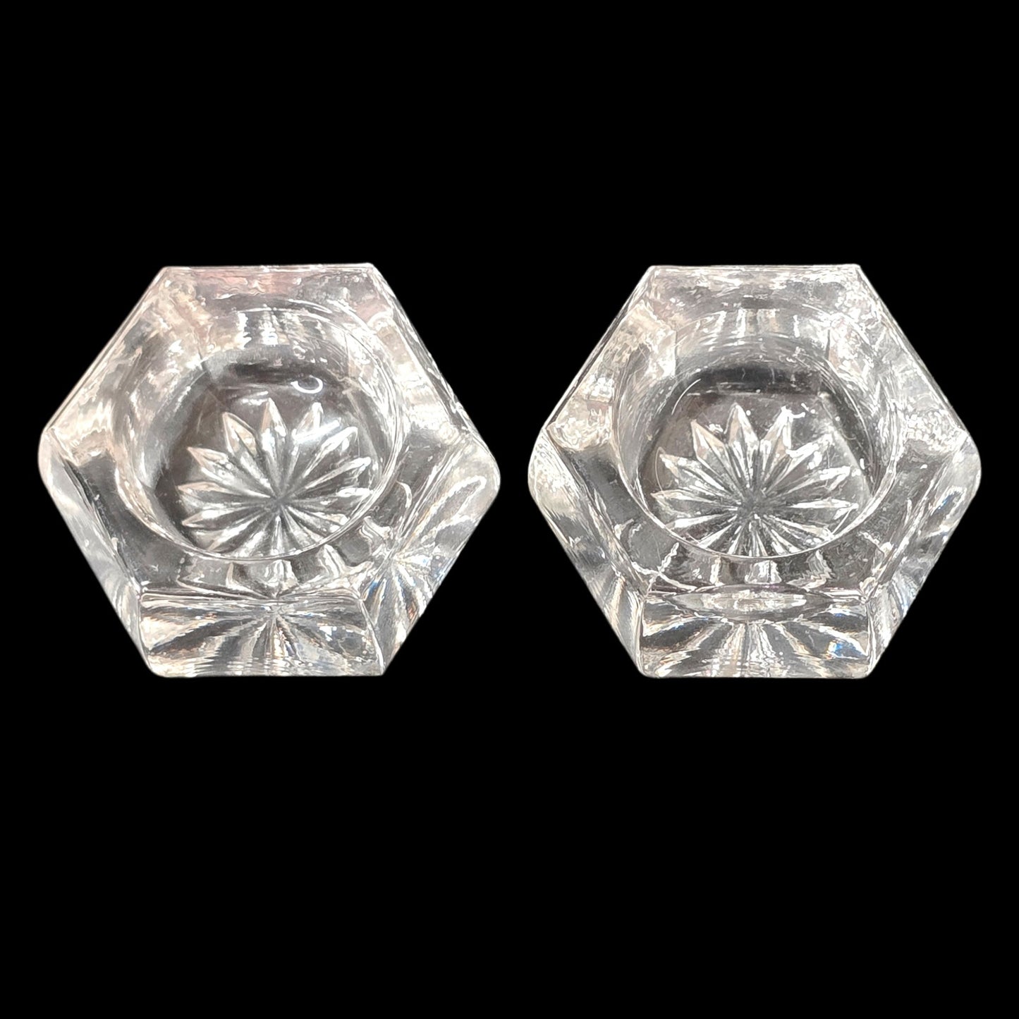 Vintage Clear Glass Salt Cellars Hexagonal Glows Under UV Blacklight Uranium