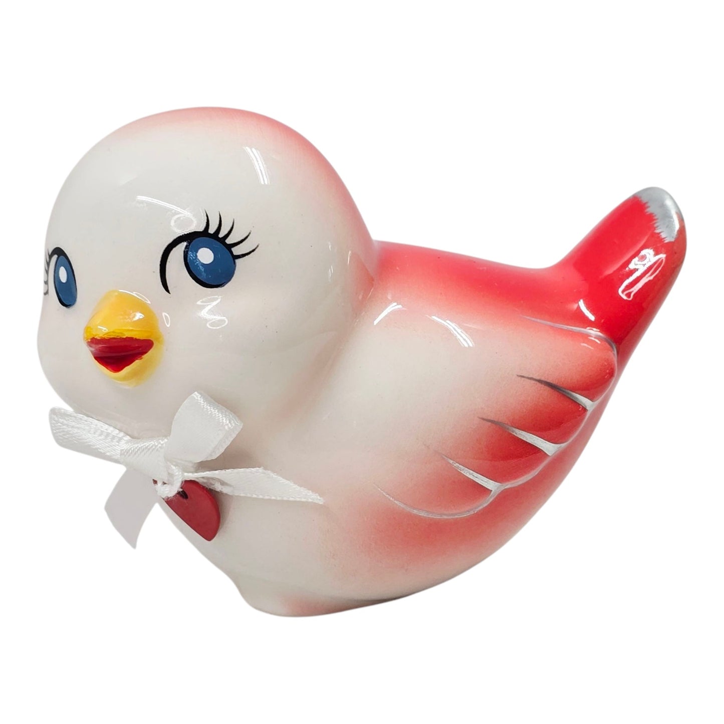 Ceramic Vintage-Inspired Baby Bird, Pink and Red Kitschy Bird Pudgy Baby Bird
