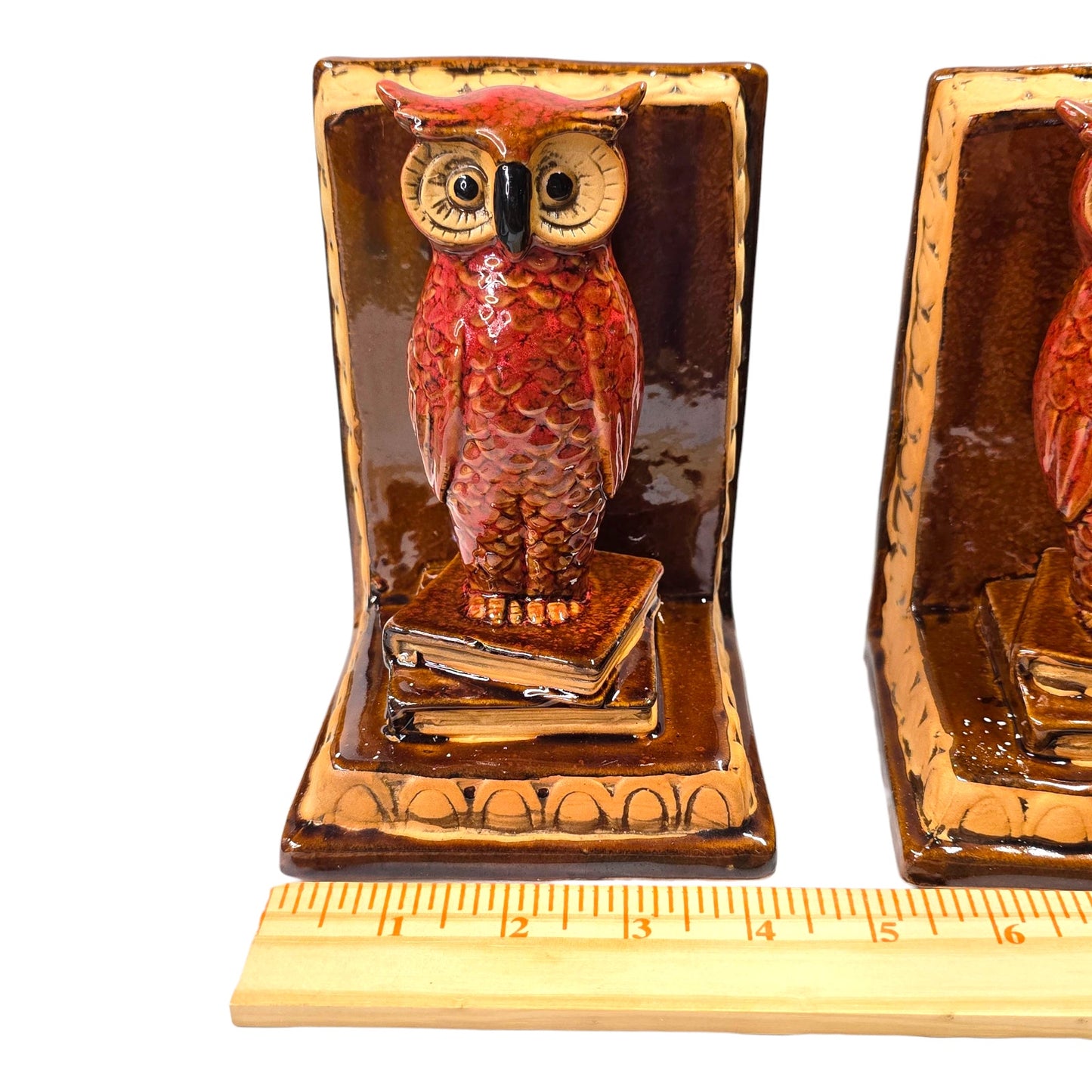 Vtg Ceramic Owl Bookends Great Horned Owl Red Glaze Owls on Books Retro Fall MCM