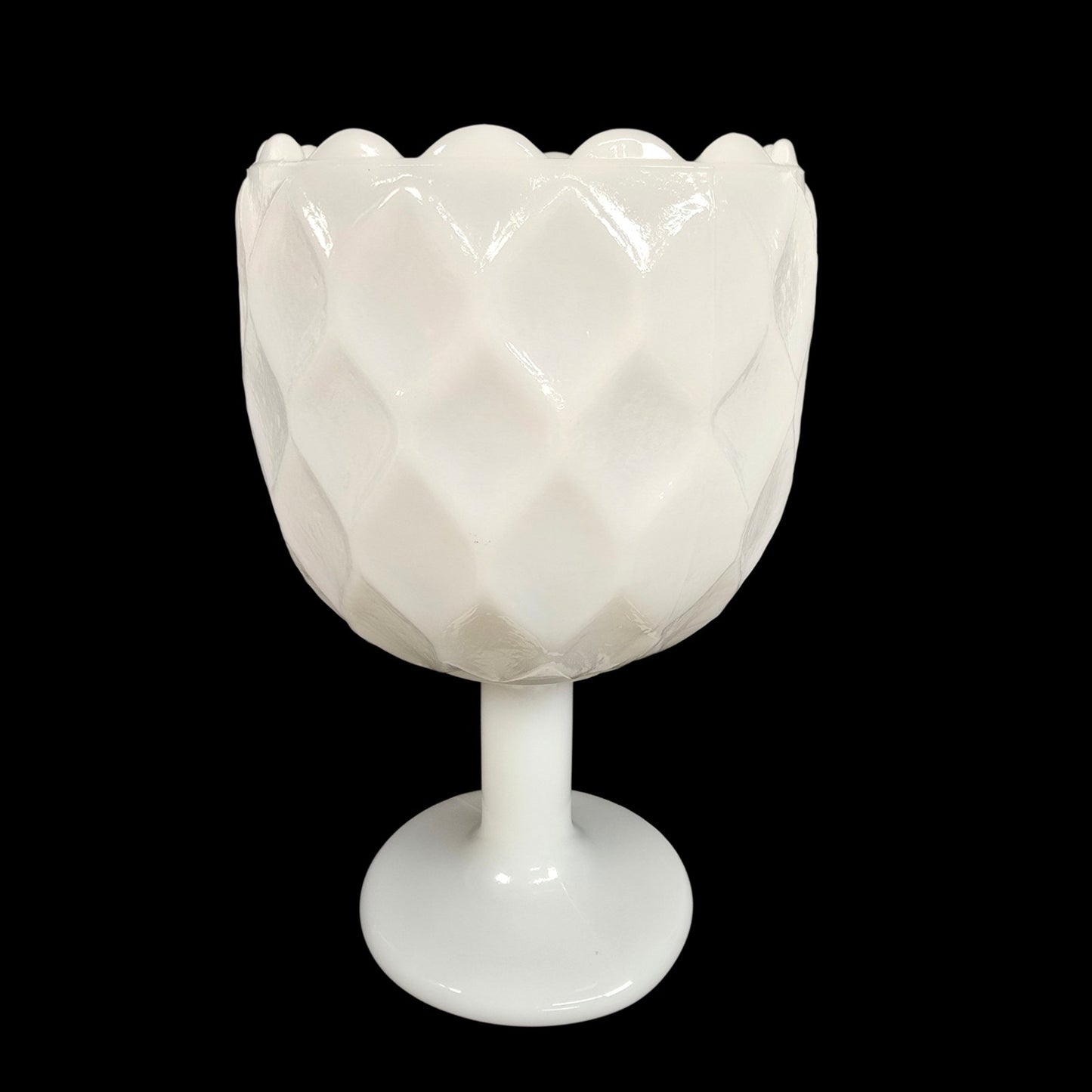 Vintage Milk Glass Pedestal Goblet Diamond Quilt Pattern Vase White Retro