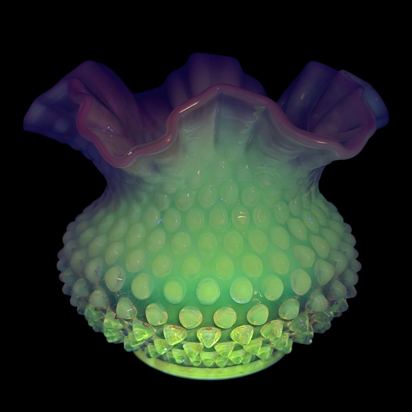 AS IS Fenton Cranberry Rose Opalescent Hobnail Ruffled Vase Uranium Reactive