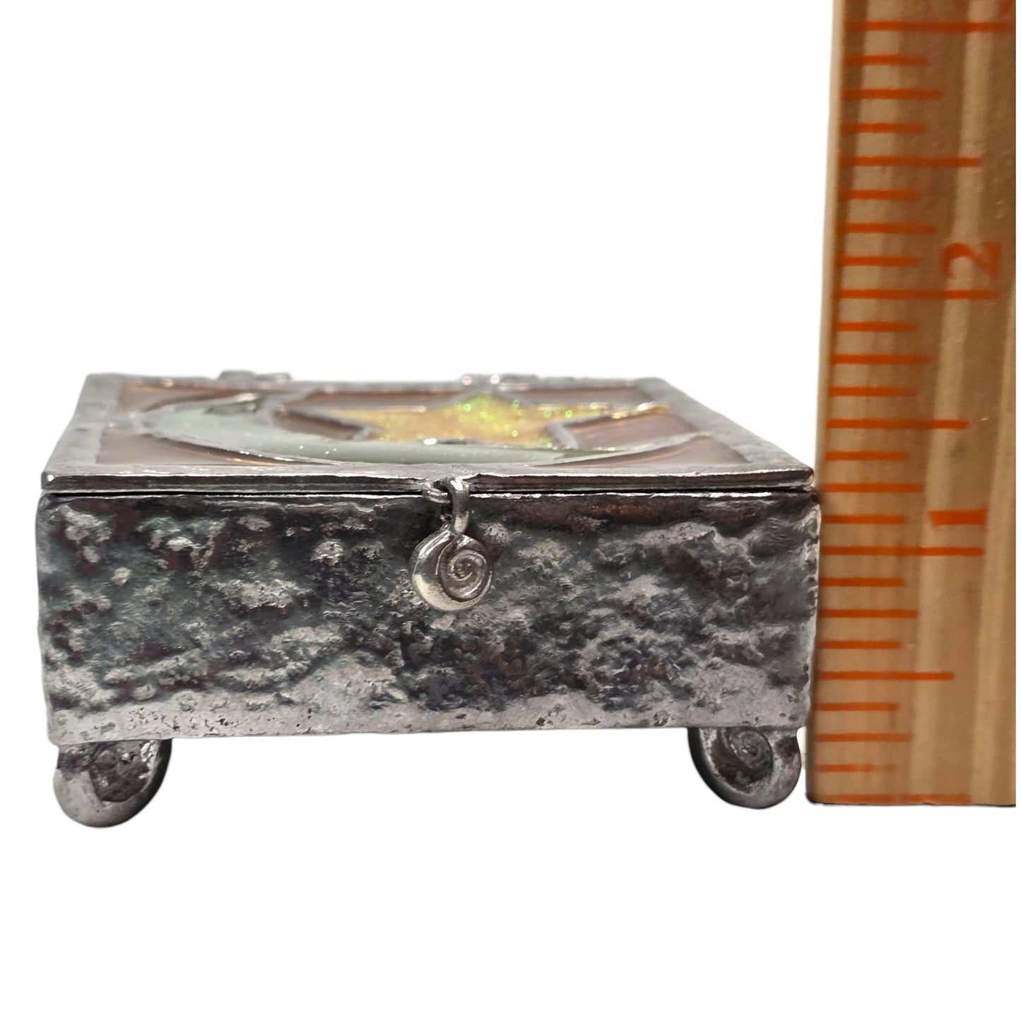 Vtg Stained Glass Moon Star Trinket Box Pewter Tone Soldered Metal Made USA