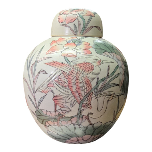 Vintage Asian Porcelain Ginger Jar with Lid, Floral Pattern with Birds in Pastel Mint and Peach