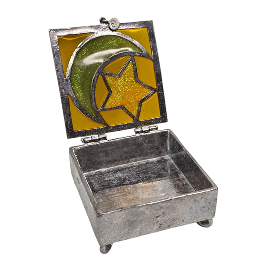 Vtg Stained Glass Moon Star Trinket Box Pewter Tone Soldered Metal Made USA