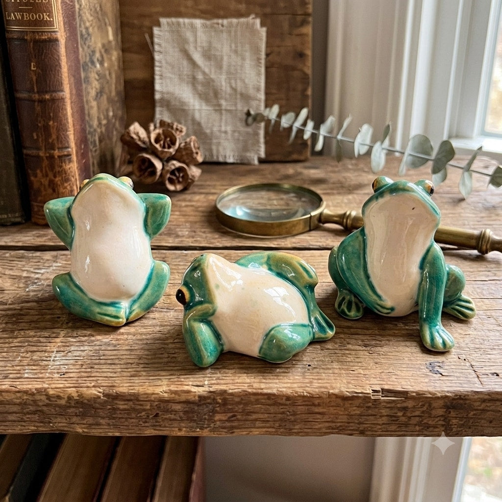 Vtg Ceramic Frog Figurines Lounging Set of 3 Whimsical Anthropomorphic MCM Decor
