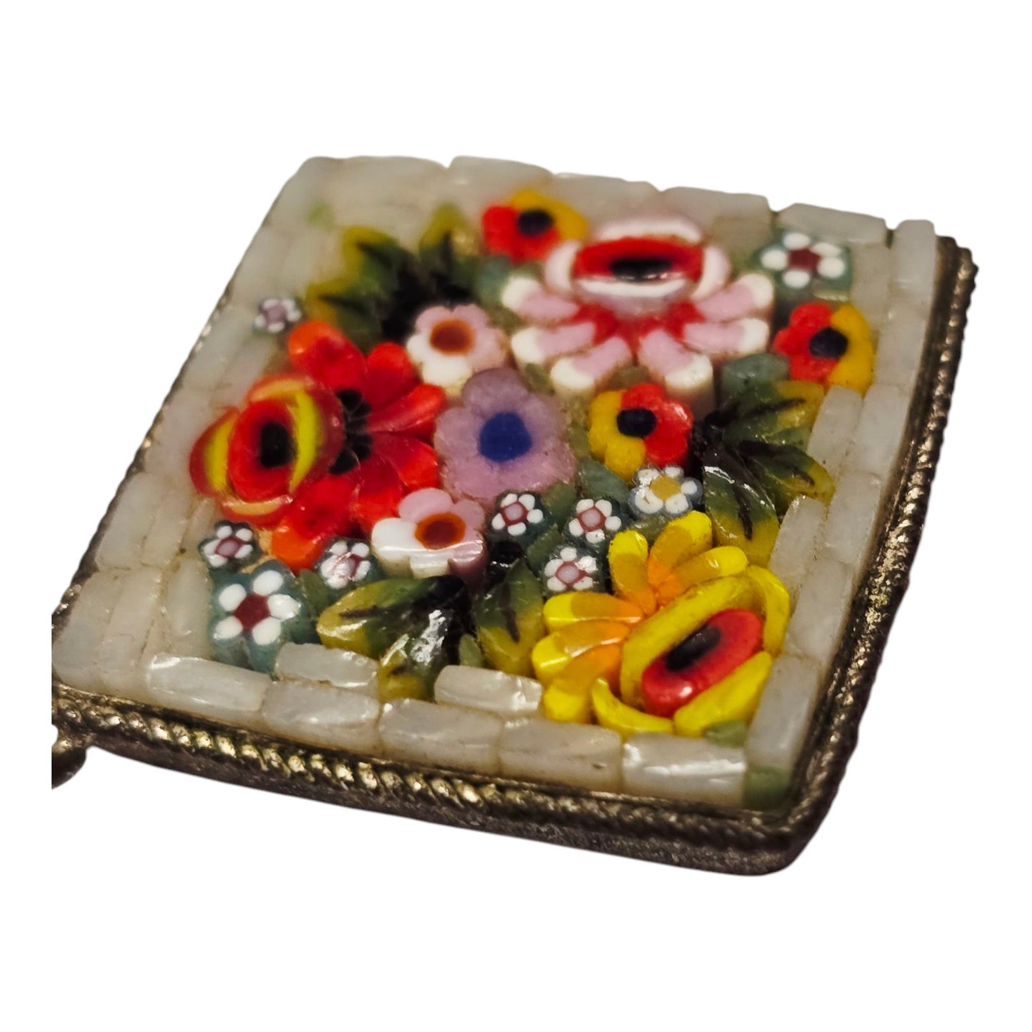 Italian Micro Mosiac Flower Pendant Marked Made in Italy Silver Plate Floral Red Yellow Pink