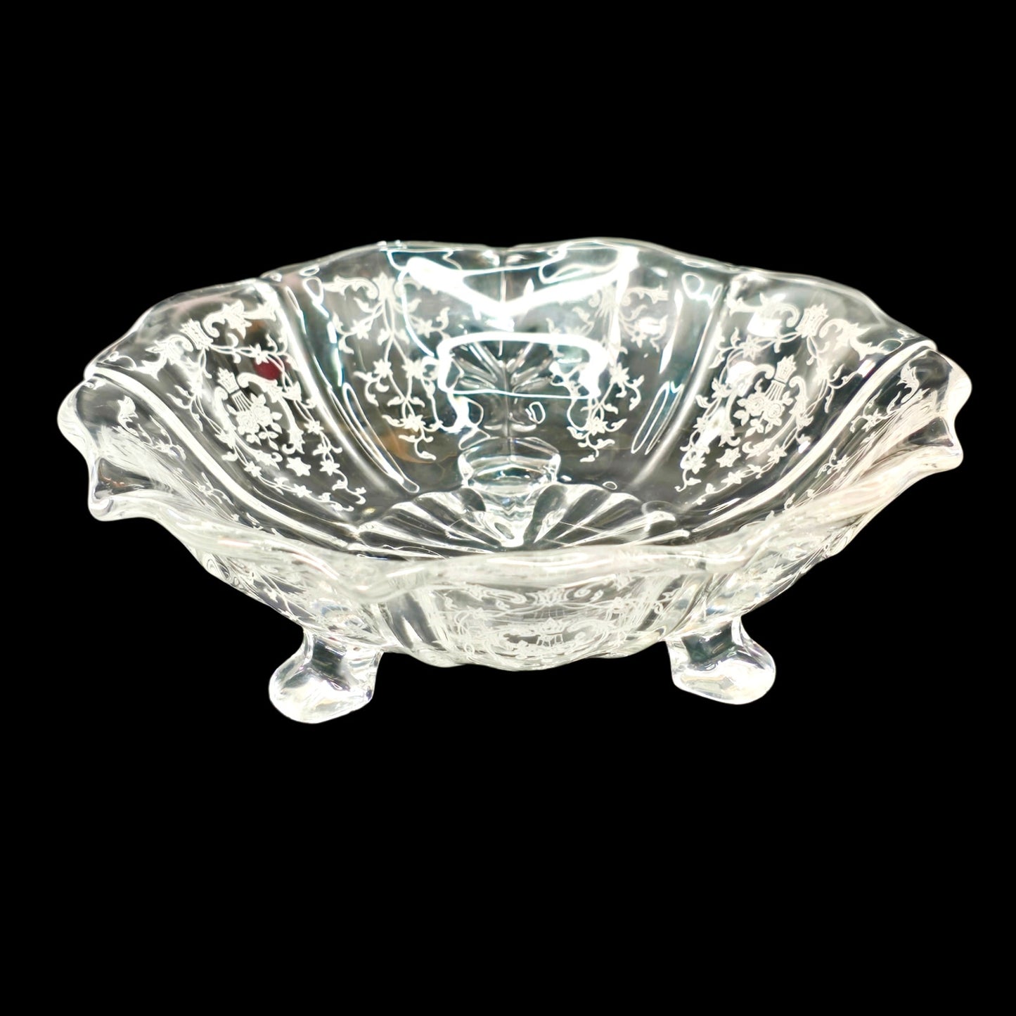 Vintage Fostoria Navarre Etched Clear Glass 3-Toed Scalloped Bon Bon Bowl 7"