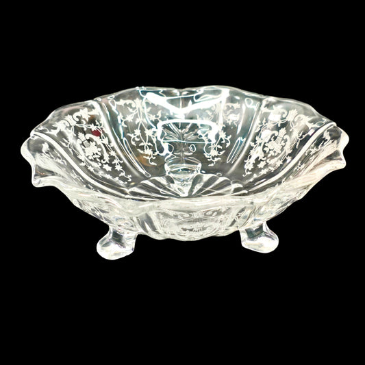 Vintage Fostoria Navarre Etched Clear Glass 3-Toed Scalloped Bon Bon Bowl 7"