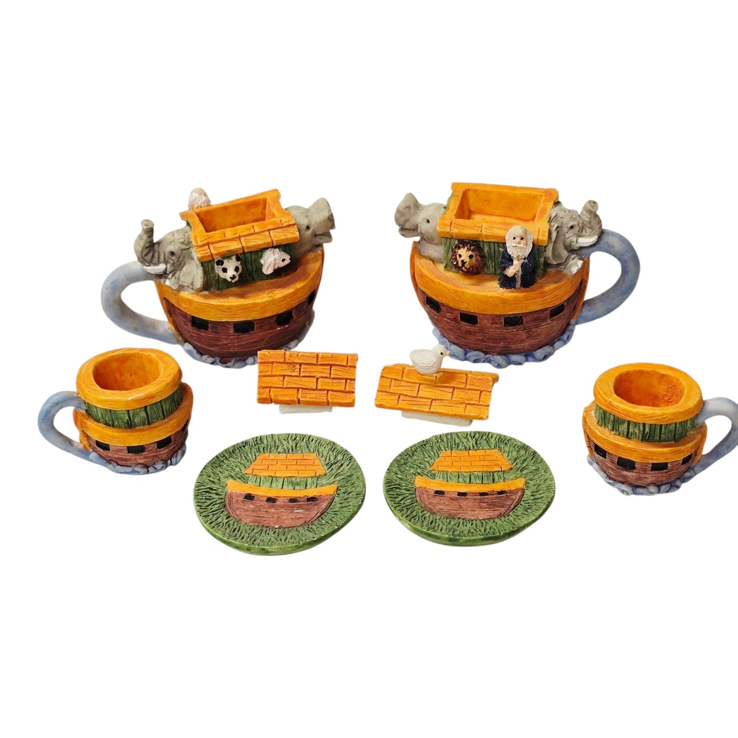 Miniature Ceramic Noah's Ark Tea Set 6pc Hand-painted Animals 2 Teapots Figurine