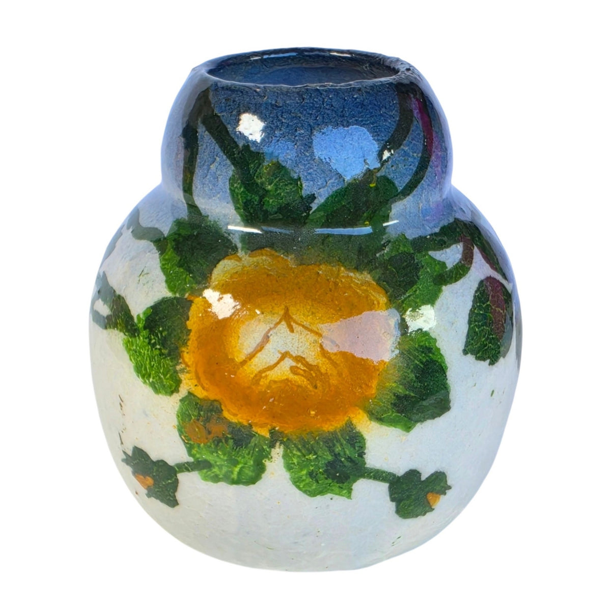 Vintage Hand Painted Floral Art Pottery Vase Crazed Glaze Roses 3.5"