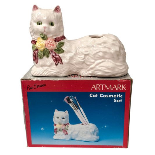 Vintage Artmark White Persian Cat Cosmetic Brush Holder - NIB