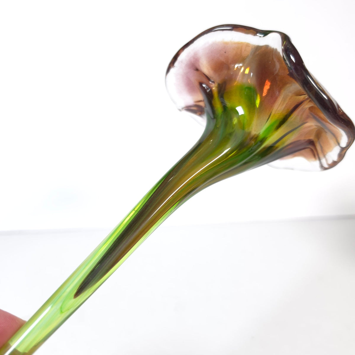 Vintage Art Glass Calla Lily Flower Long Green Stem Purple Pink Bloom 12 Inch