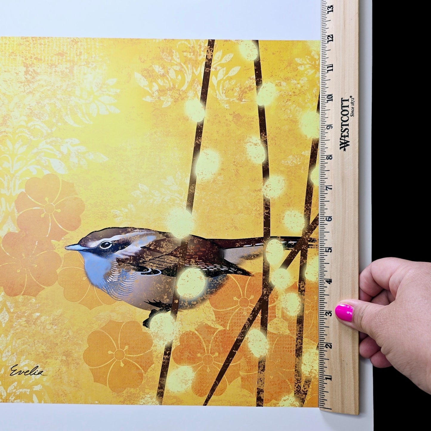 Set of 2 Wren Bird Art Prints: Wren on Yellow I and II, 2015 Evelia Designs, Licensed Out of the Blue, Published by World Art Group