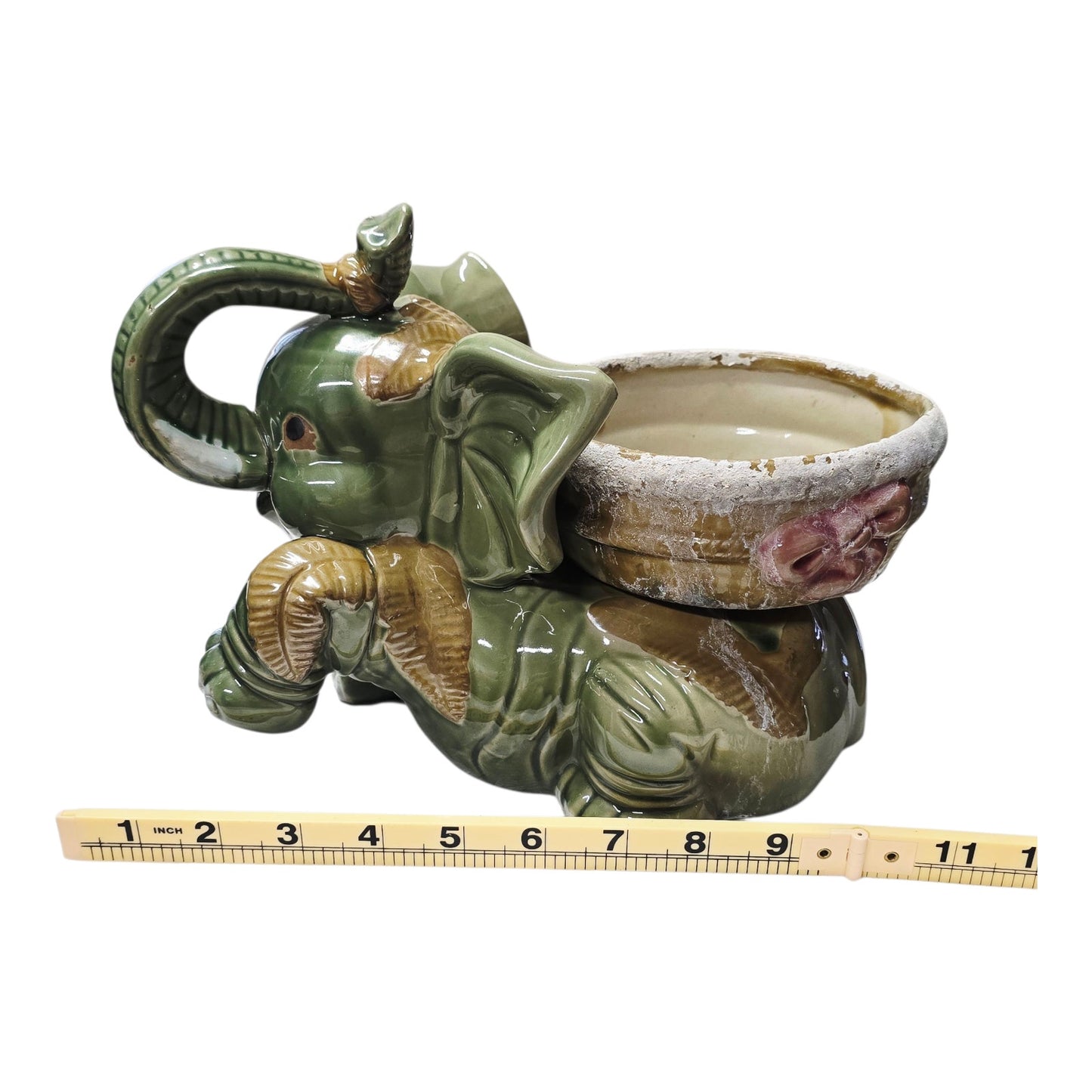 (Reserved for Customer) Large Vtg Green Ceramic Elephant Planter Raised Trunk Pink Bow 11" Japan