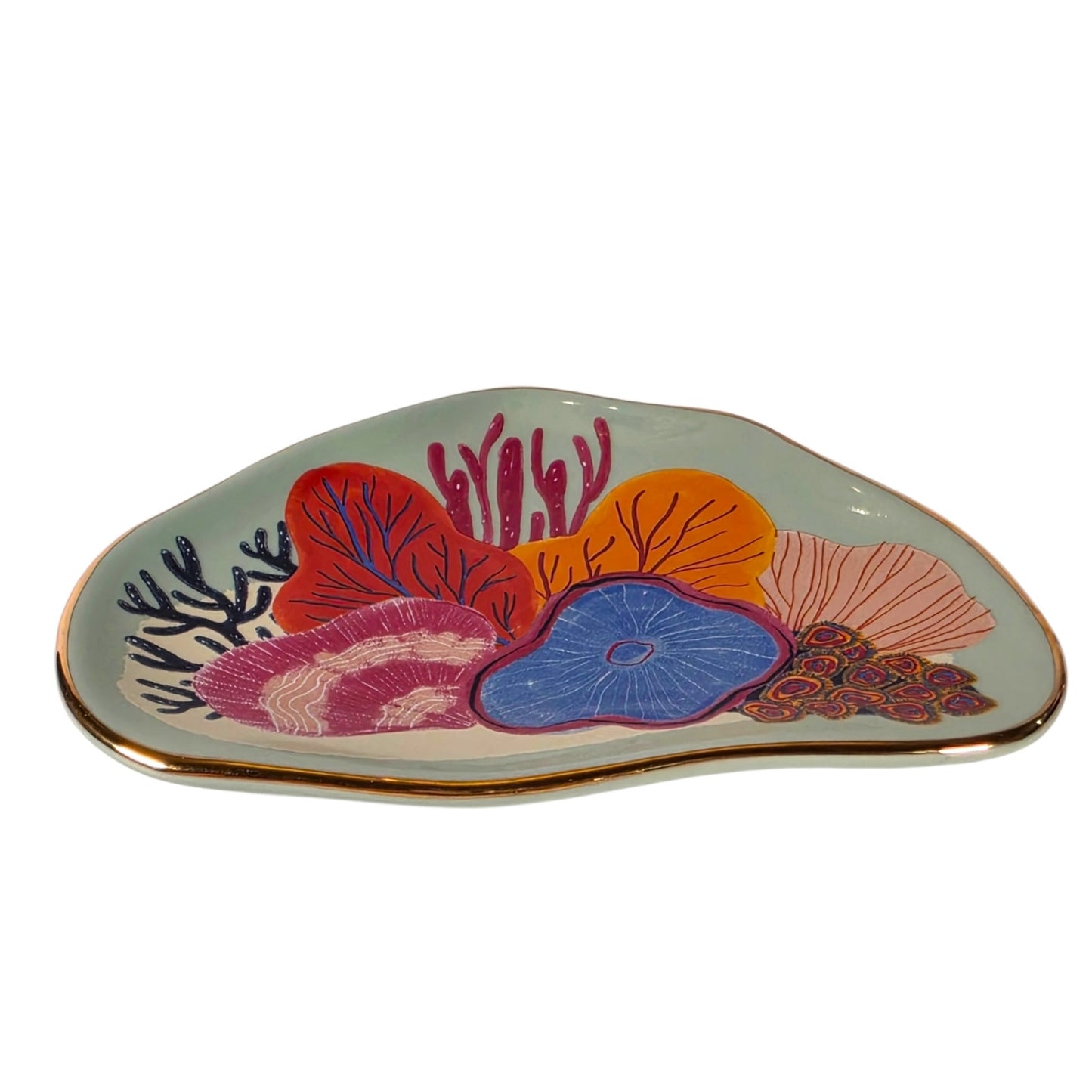 Danica Studio Neptune Trinket Tray Mint Green Ceramic Coral Gold Trim Dish