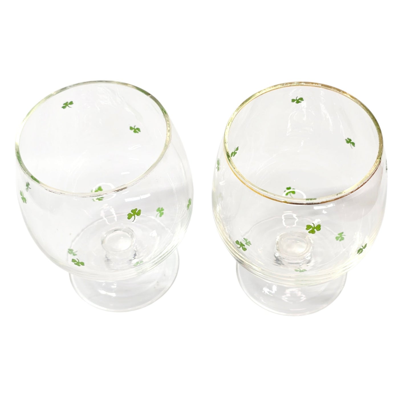 Vintage St. Patrick's Day Shamrock Glasses Gold Rim Clover Stemware Set of 2