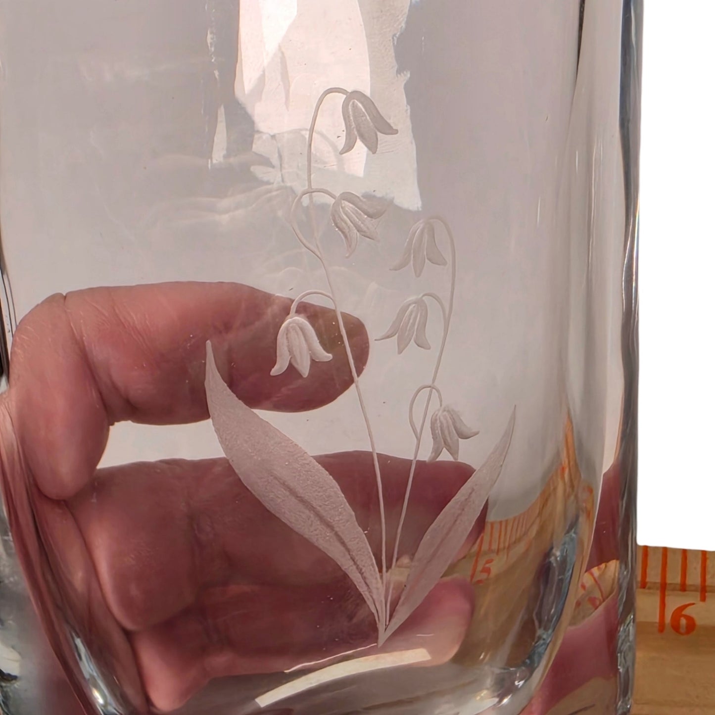 Strombergshyttan Signed Crystal Vase Vtg Swedish Art Glass Lily of Valley AS IS