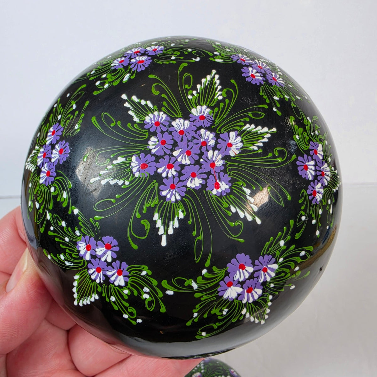 Hand Painted Black Floral Nesting Trinket Boxes Set of 2 Purple Flowers