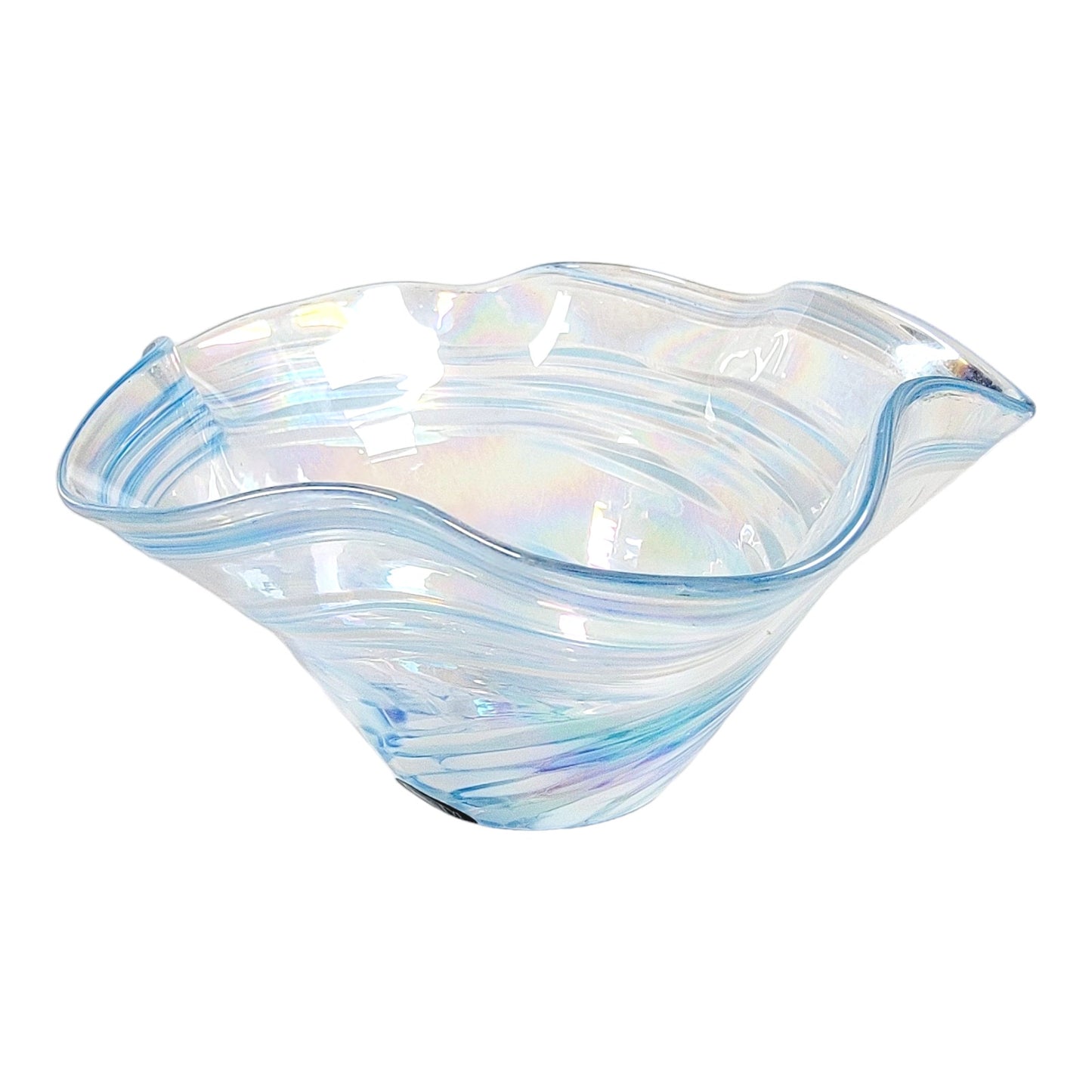 Glass Eye Studio Hand Blown Ruffled Glass Bowl Blue and White Iridescent 6" W