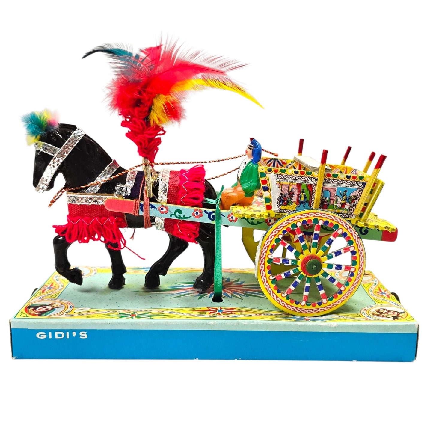 Vtg Gidi's Carrettino Siciliano Folk Art Paper Mache Wood Horse-Drawn Cart Italy