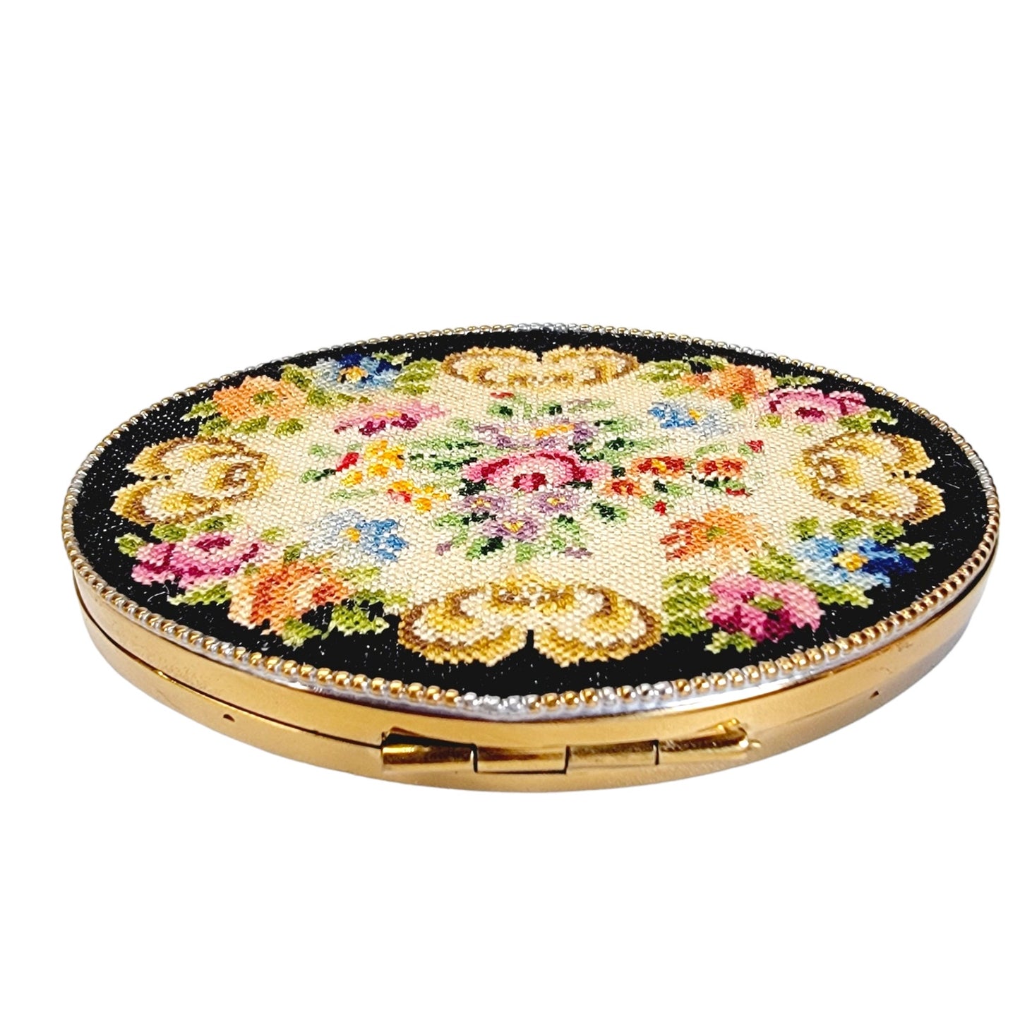 Exquisite Vintage Floral Petite Point Compact with Mirror, Puff and Pressed Powder