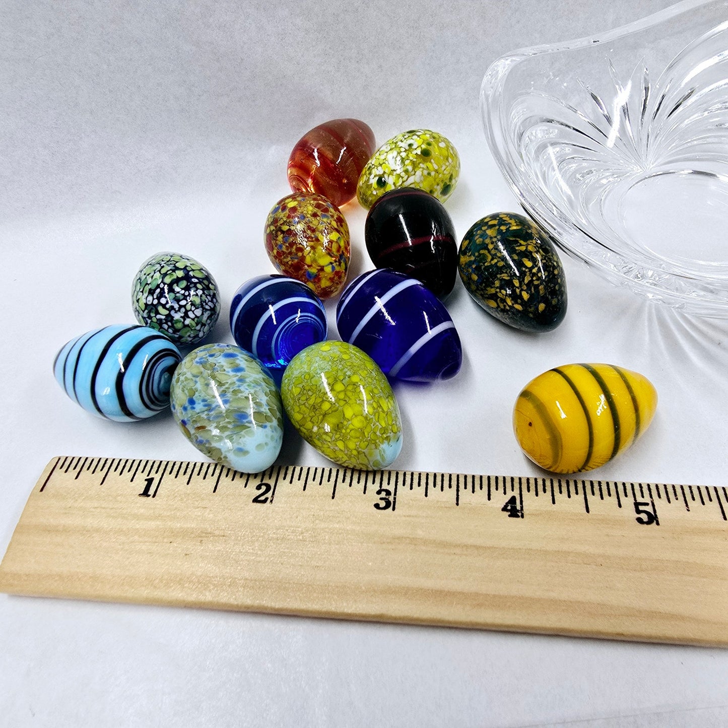 1 Dozen Handblown Glass Eggs in Crystal Dish, 12 Small Colorful Artisan Glass Eggs