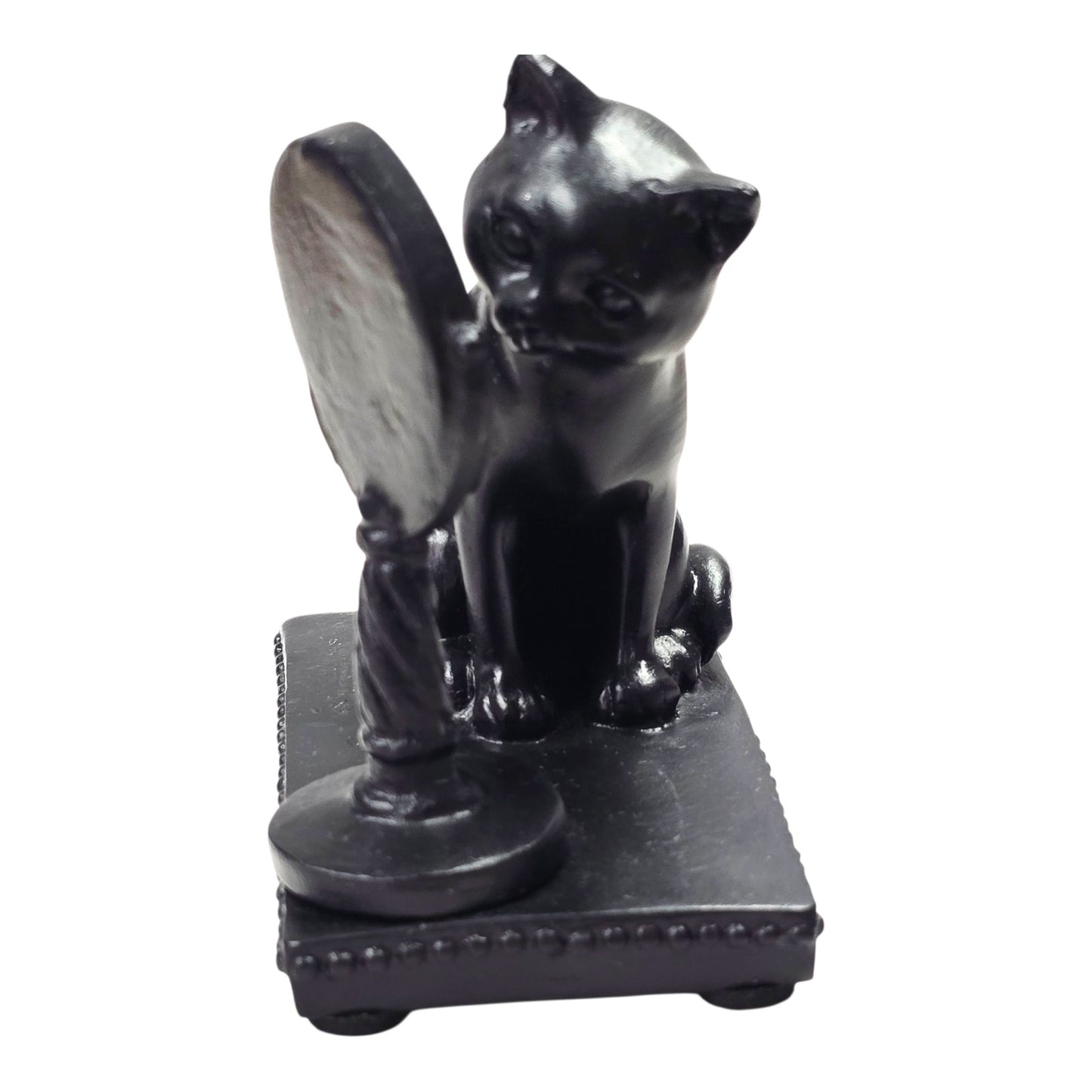 Vtg Black Cat Figurine looking in Vanity Mirror Resin 3.25" Cat Lover Gift Decor