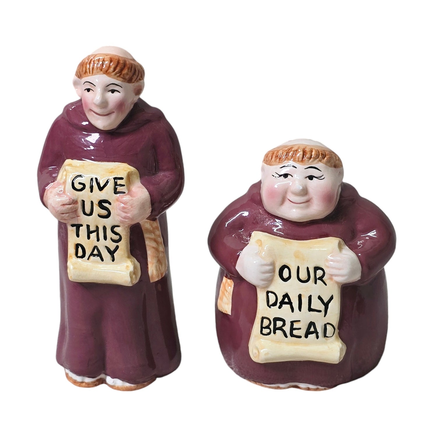 Vintage Monk Salt & Pepper Shakers "Give Us This Day Our Daily Bread”, Clay Art