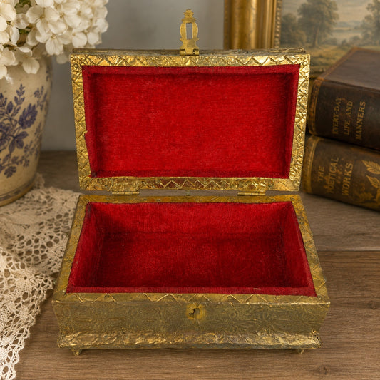 (Reserved for Customer) Vintage Embossed Repousse Brass Jewelry Box Red Velvet Lined Ornate Features