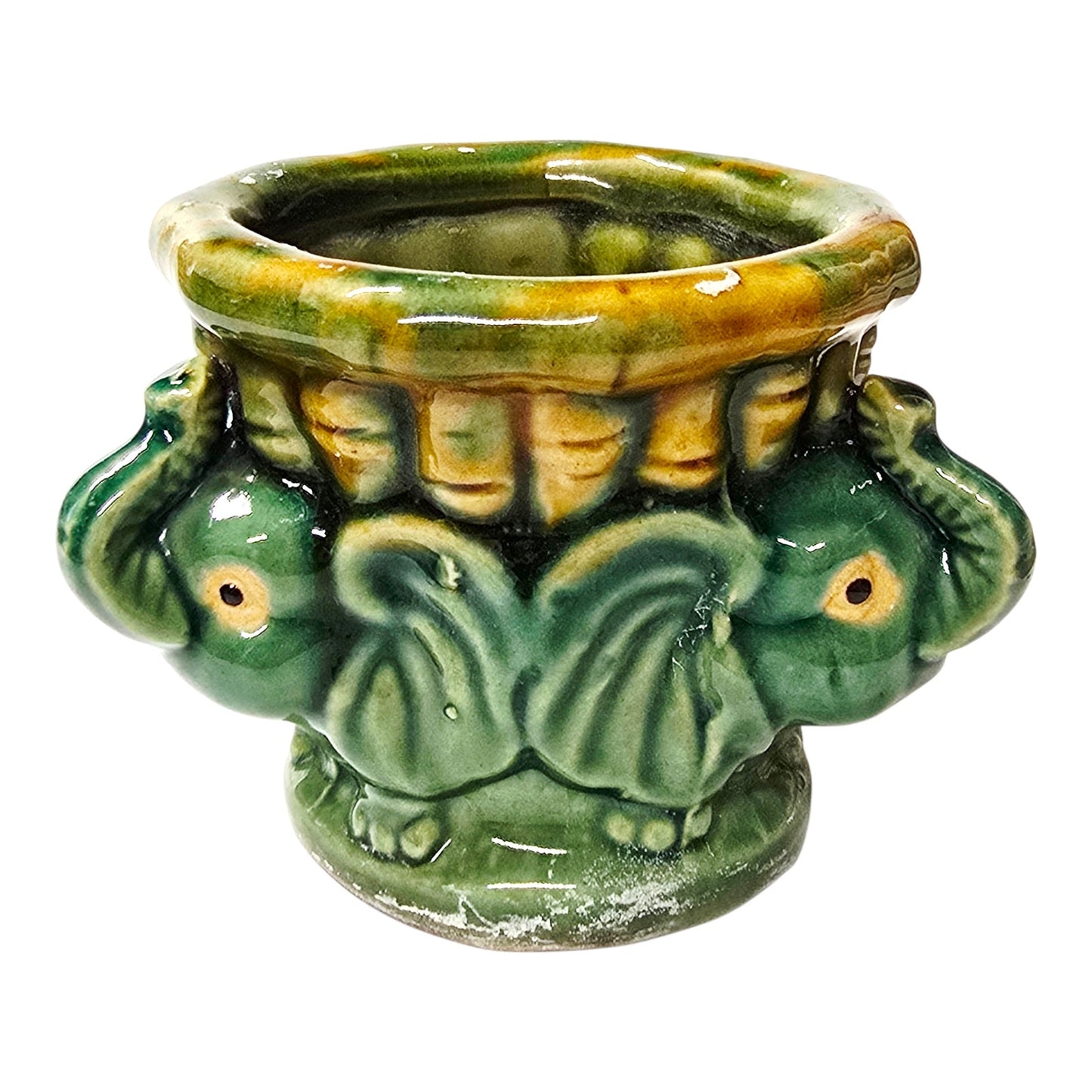 Vintage Majolica Style Elephant Planter Green Drip Glaze Ceramic Lucky Elephants