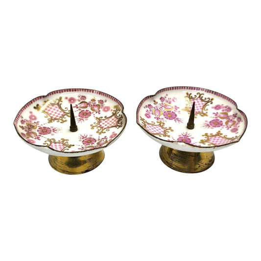 Pair Vintage Austrian Footed Porcelain Spike Candle Dishes Pink & Gold Floral Austria