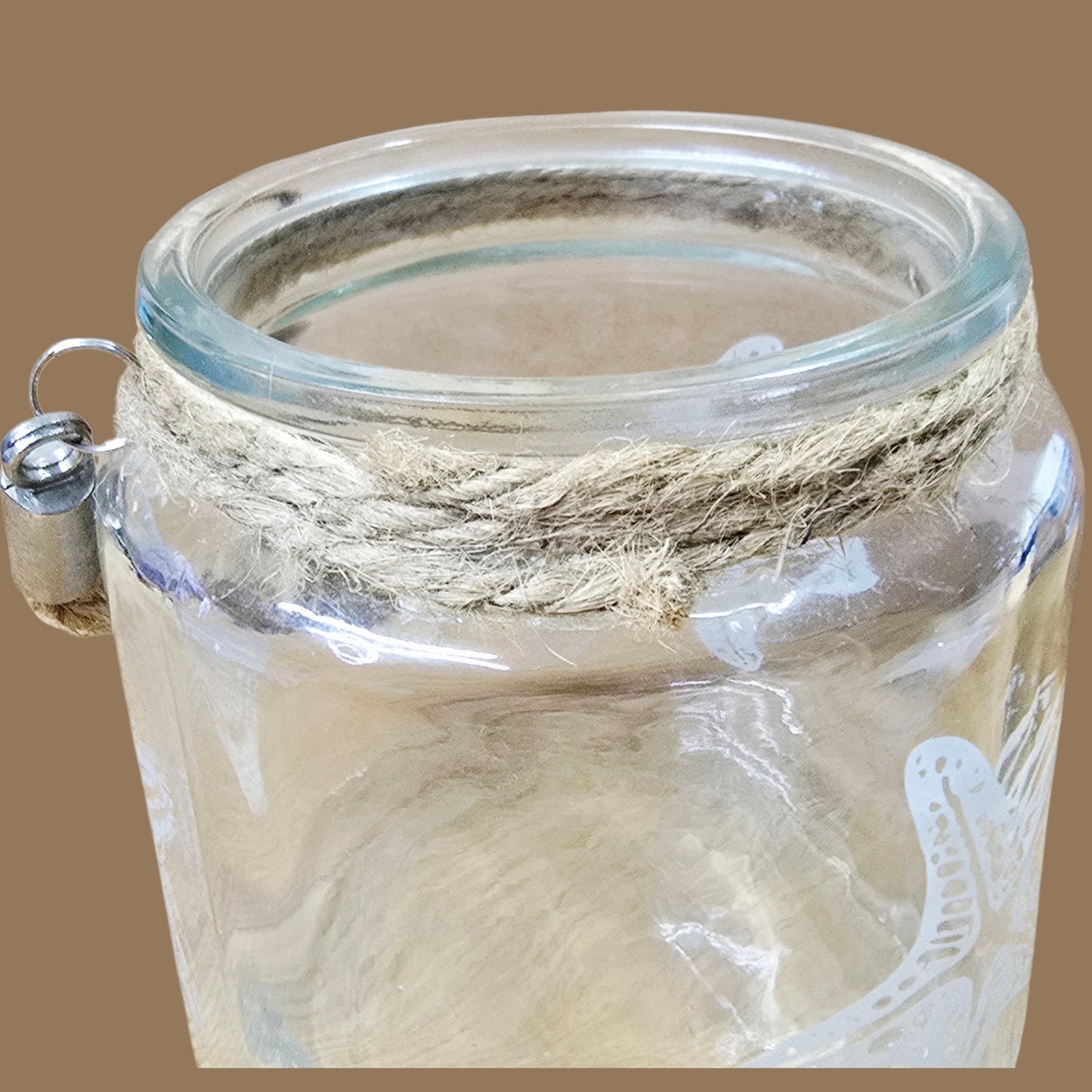 Coastal Hanging Etched Glass Starfish Tealight Candle Holder Nautical Rope Votive Jar