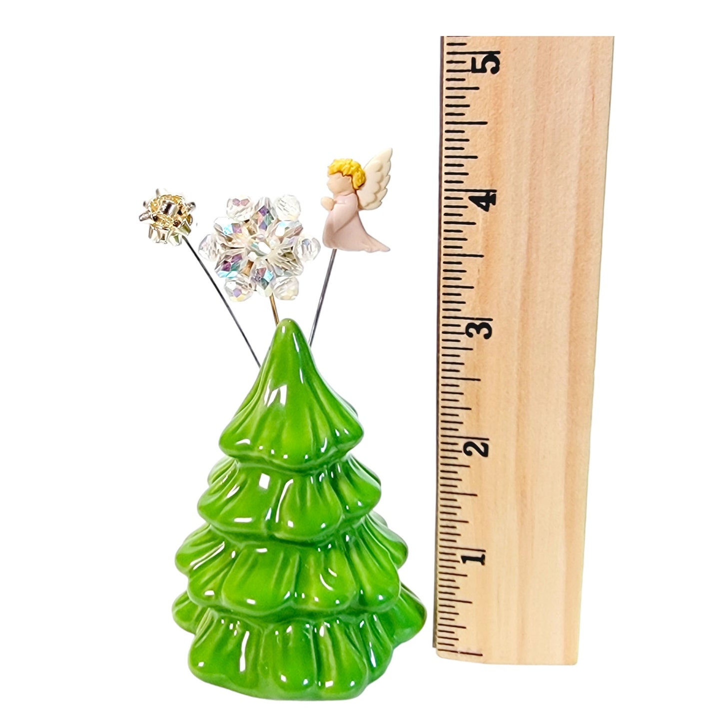 Christmas Tree Shaker Display with 3 Pins: Angel, Snowflake, Silver Bow