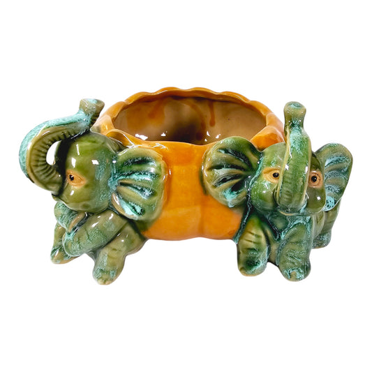 Vintage Majolica Pottery Two-Trunks Up Elephant in Orange Pumkin Planter Pot, 4" H