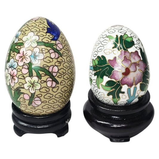 Vtg Chinese Cloisonné Enamel on Brass Eggs on Wooden Stands Set of 2 Floral Bird