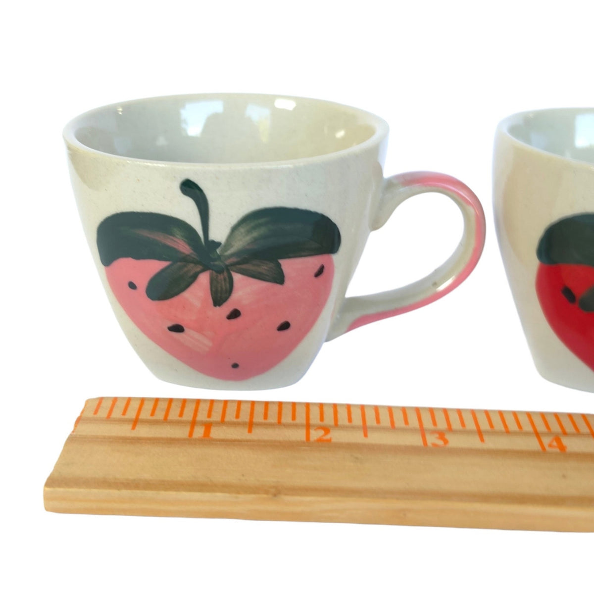 Vintage Hand-Painted Stoneware Strawberry Mugs Set of 2 Cute Art Pottery