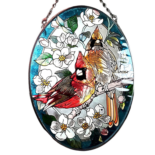 Handpainted Glass SunCatcher with Orchids and Cardinals 7" Oval