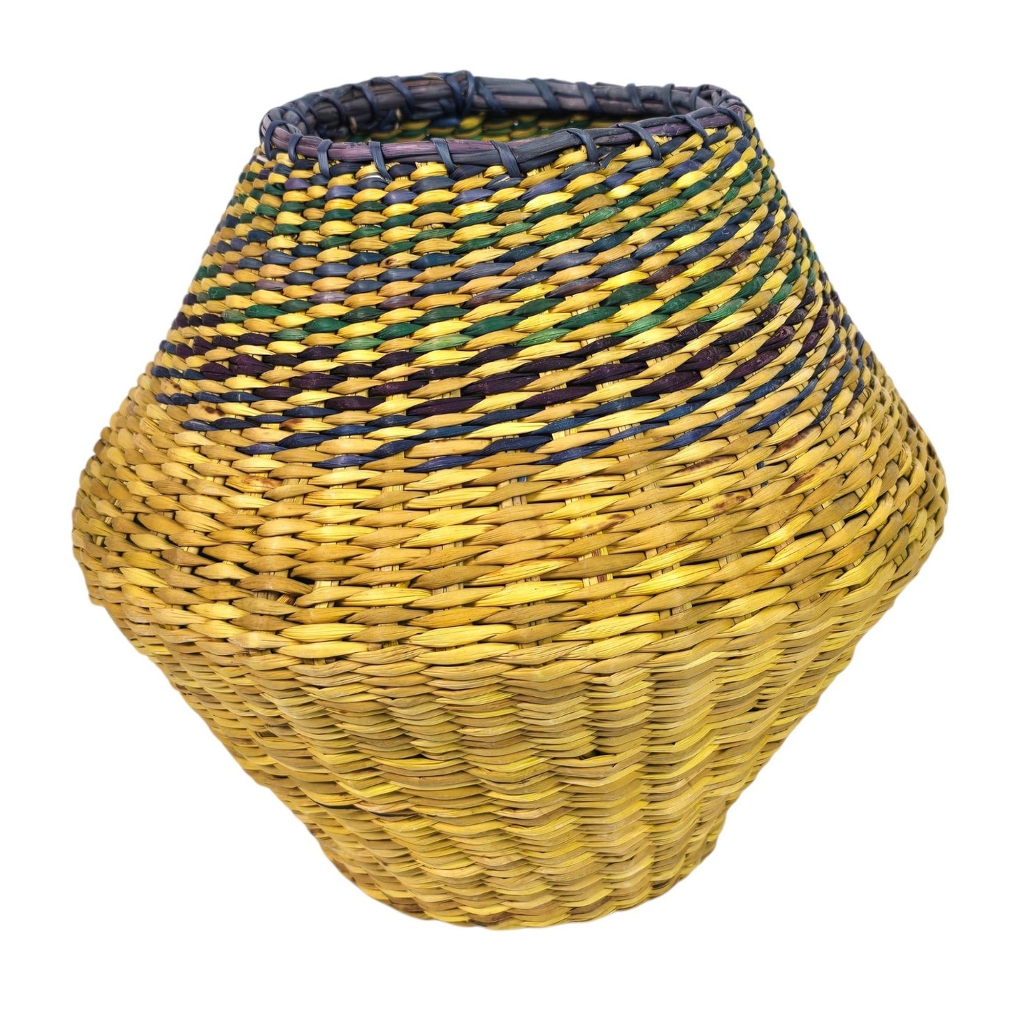 Vintage Woven Seagrass Basket Coiled Boho Yellow Purple Blue Tapered Vase Planter