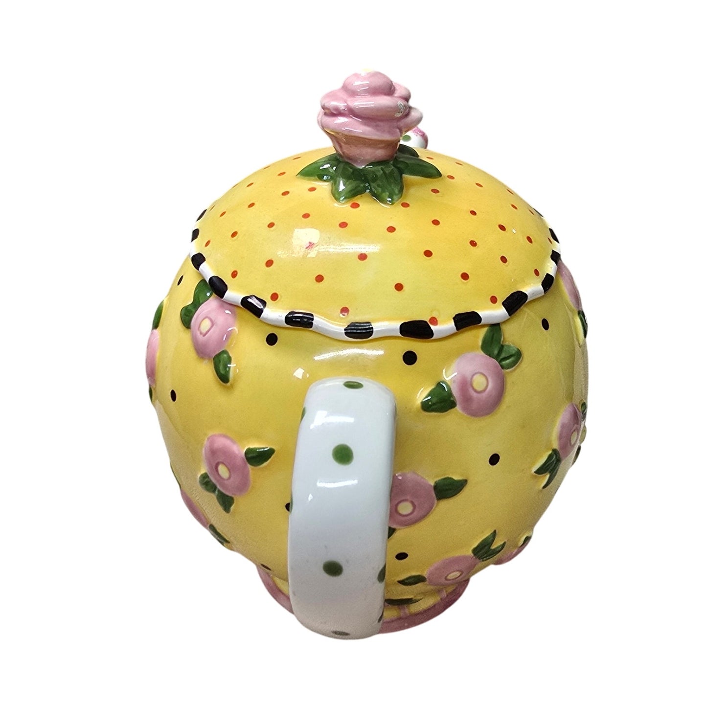 AS IS VTG 1997 ME Mary Engelbreit Ceramic Teapot, Yellow Pink Flower 8”, Flaw