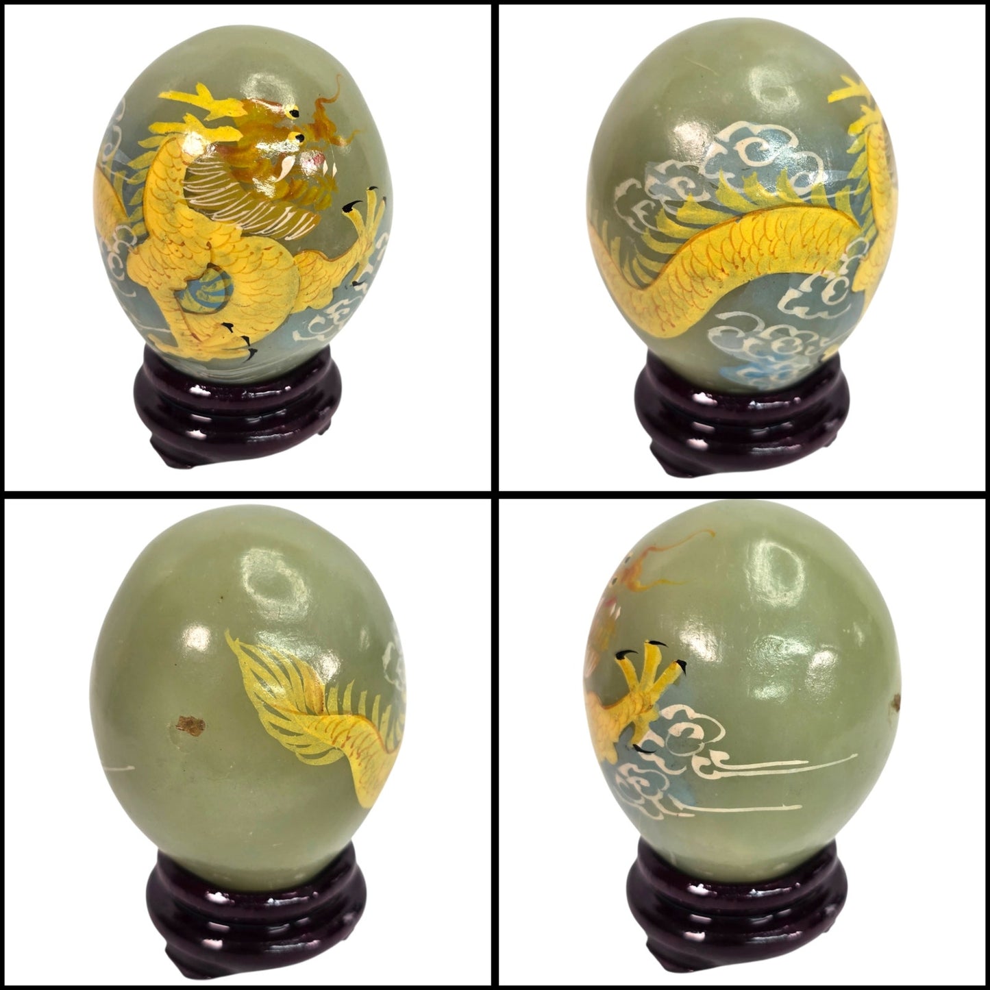 Vtg Set of 6 Chinese Hand Painted Dragon Eggs Green Marble Stone w/ Stands & Box