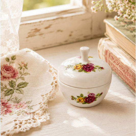 Vintage Porcelain Apple Trinket Box Jewelry Box Lidded Rose Floral Flowers