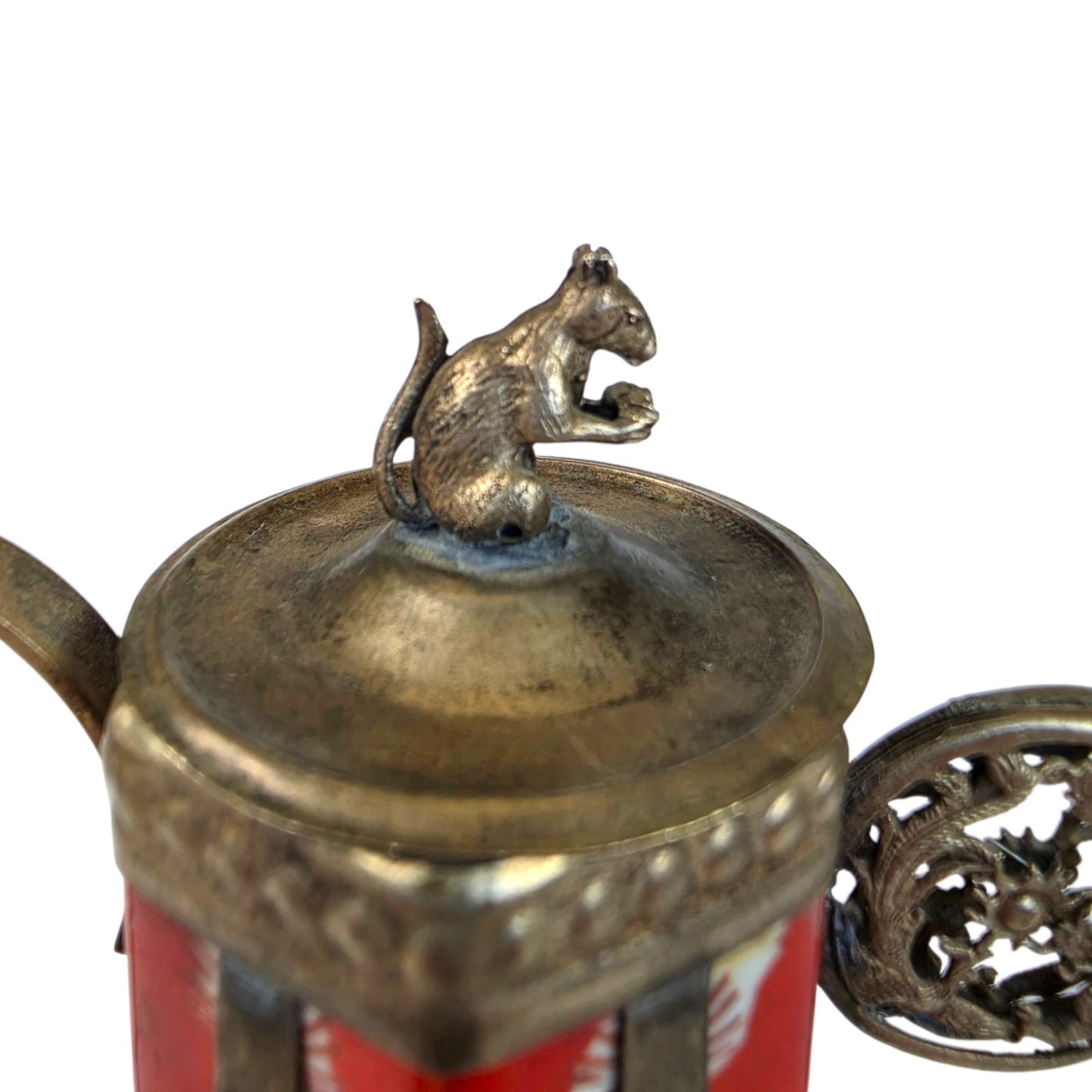 Vintage Miniature Tibetan Porcelain Teapot Metal Filigree Red Dragon Squirrel