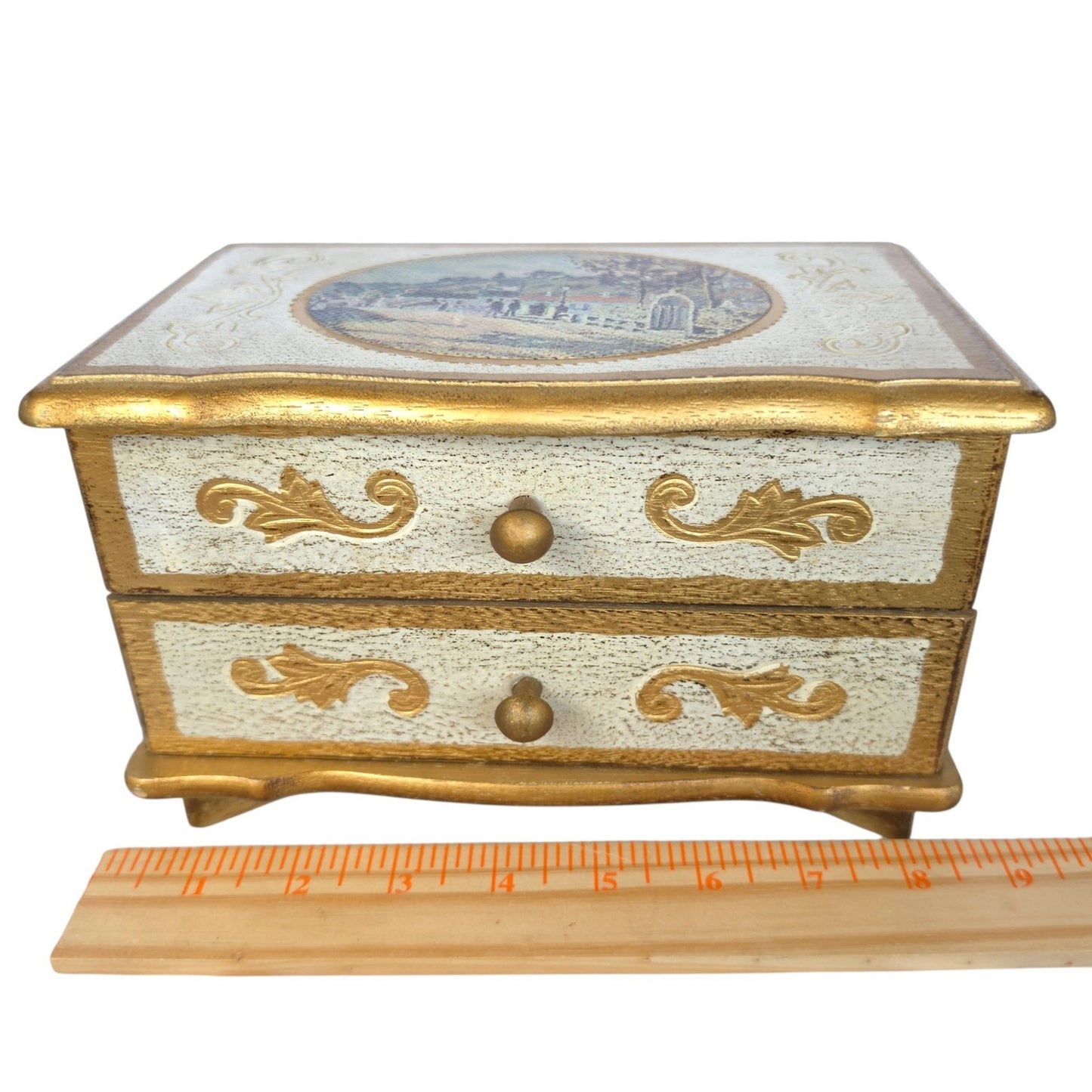 (Reserved for Customer) Vintage Florentine Wood Music Box Jewelry Box Made in Japan Plays: Green Sleeves