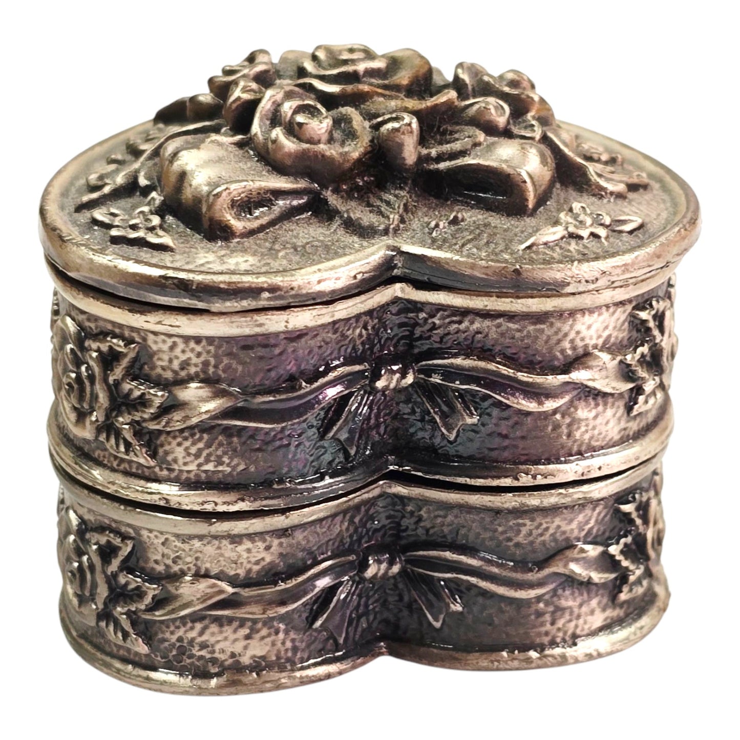 3-Pc Heart Stacked Pewter Trinket Box with Roses and Floral Motif, Signed