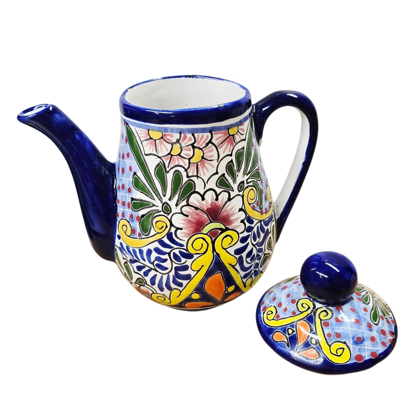 Talavera Teapot Coffee Pot Signed Liceagui Mexico Lead Free Hand-Painted Cobalt