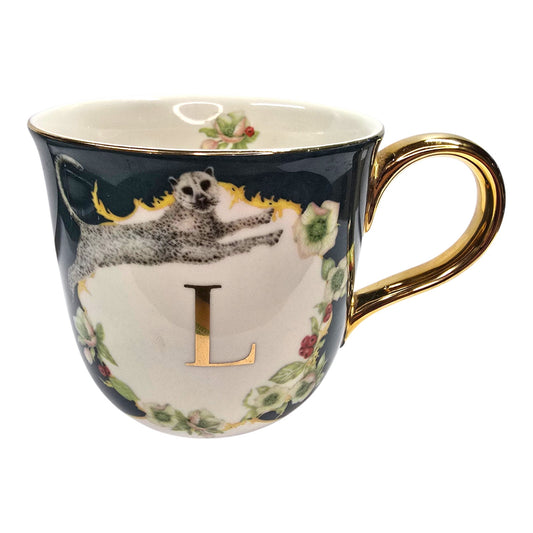Anthropologie L Mug Monogram Leopard Lou Rota Floral Cup Gold Handle Boho-chic